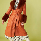 Chocolate Faux Leather Trench Coat with Faux Fur Collar and Cuffs-1