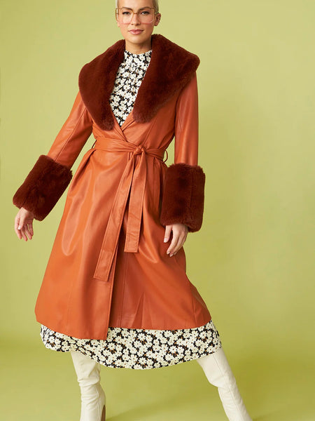 Chocolate Faux Leather Trench Coat with Faux Fur Collar and Cuffs-1