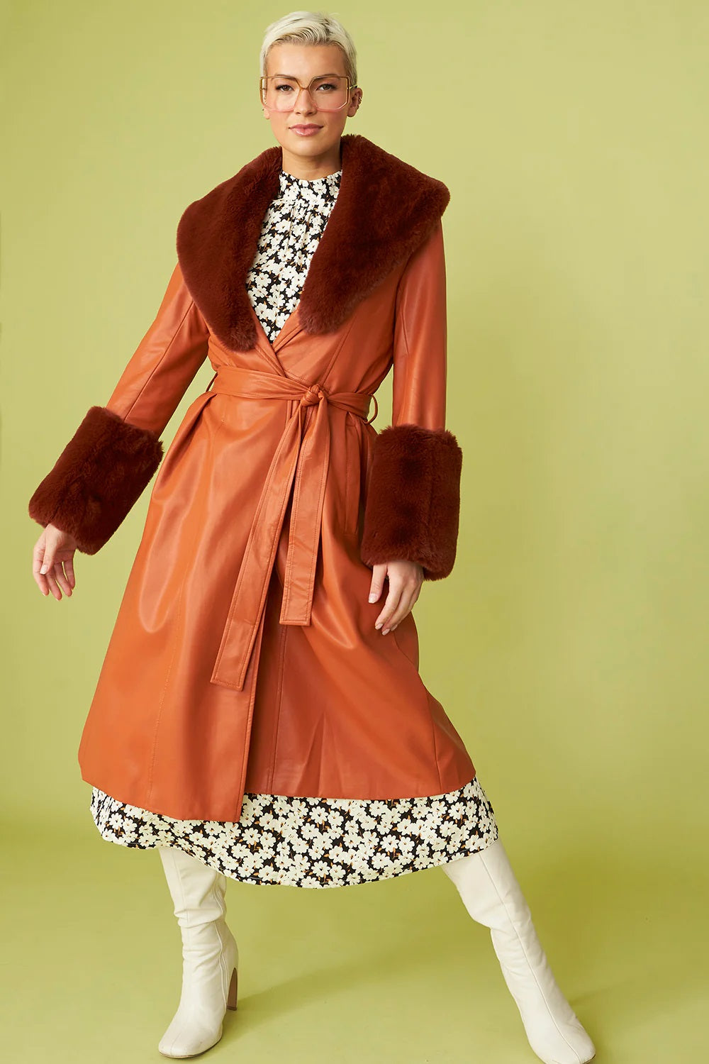 Evadne Beaumont — Chocolate Faux Leather Trench Coat with Faux Fur Collar and Cuffs, alternate view 2