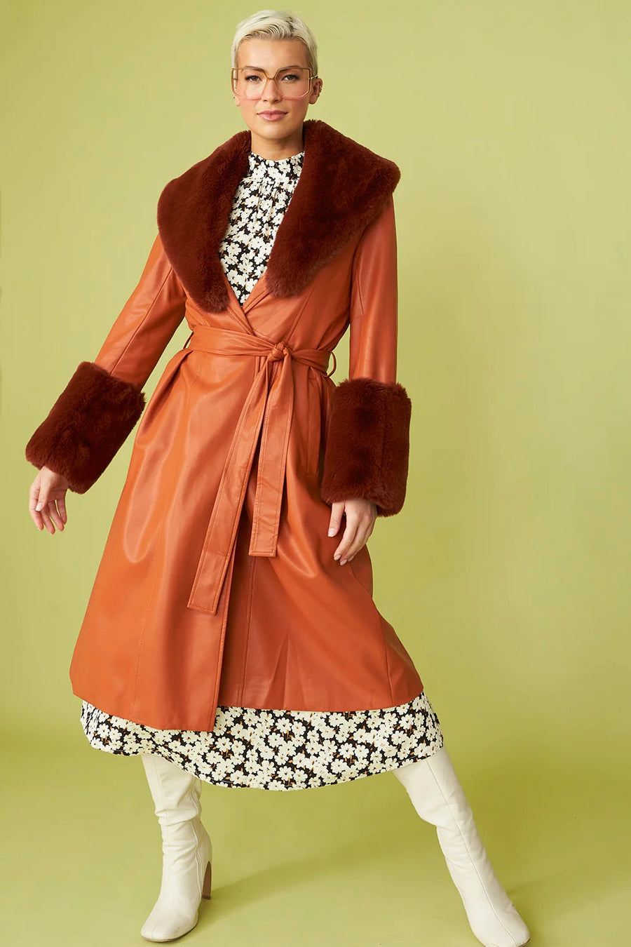 Evadne Beaumont — Chocolate Faux Leather Trench Coat with Faux Fur Collar and Cuffs, alternate view 2