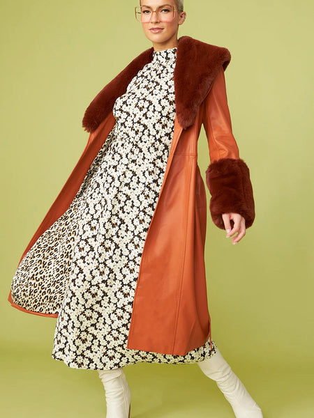 Chocolate Faux Leather Trench Coat with Faux Fur Collar and Cuffs-2