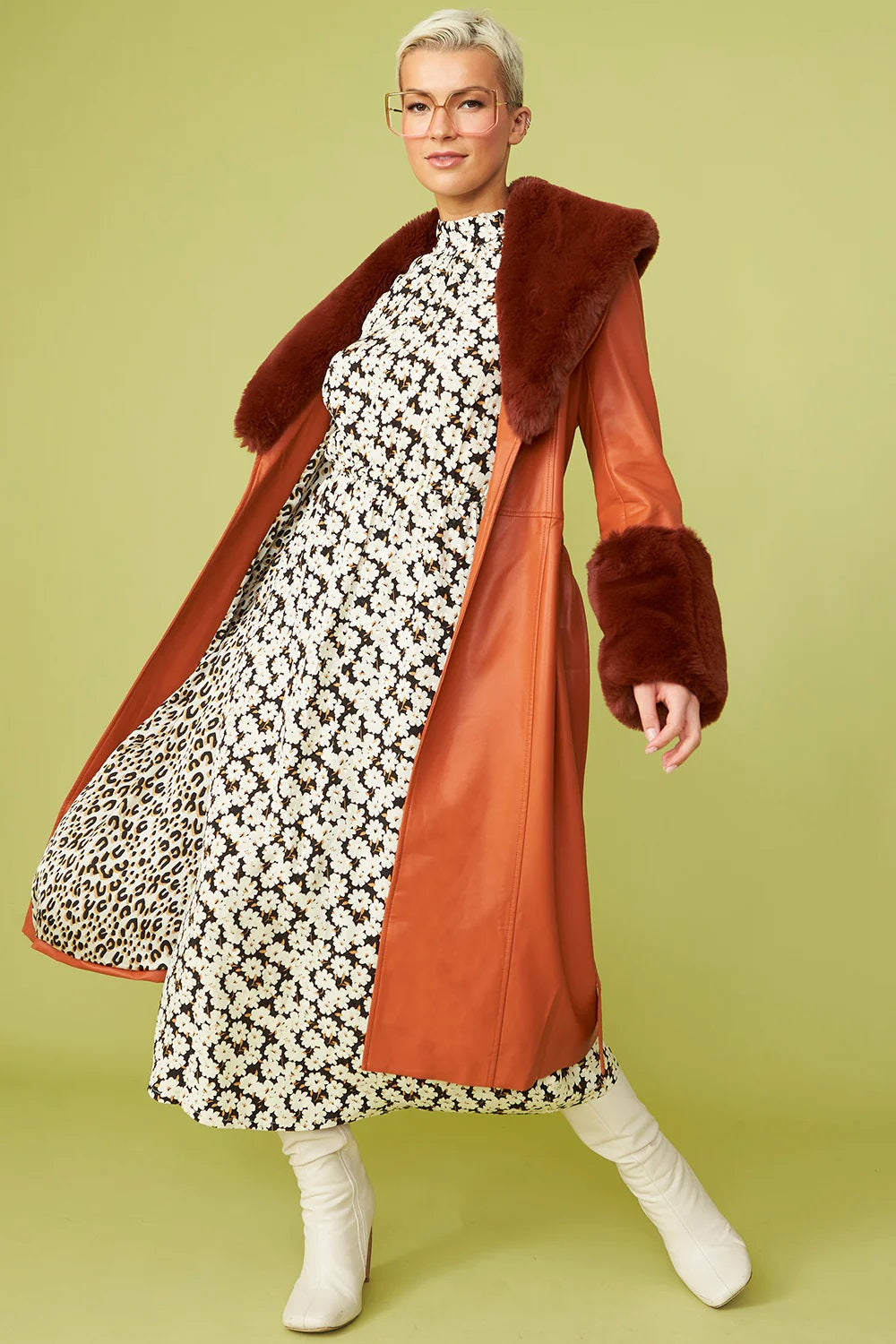 Evadne Beaumont — Chocolate Faux Leather Trench Coat with Faux Fur Collar and Cuffs, alternate view 3