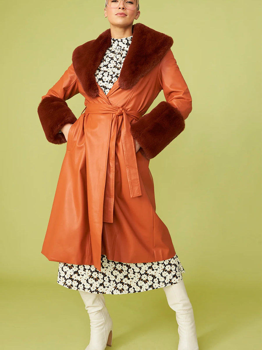 Chocolate Faux Leather Trench Coat with Faux Fur Collar and Cuffs-0