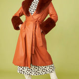 Chocolate Faux Leather Trench Coat with Faux Fur Collar and Cuffs-0