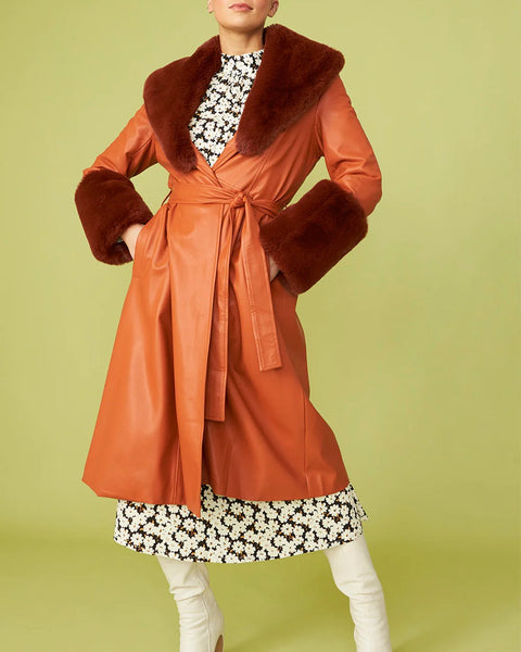 Chocolate Faux Leather Trench Coat with Faux Fur Collar and Cuffs-0