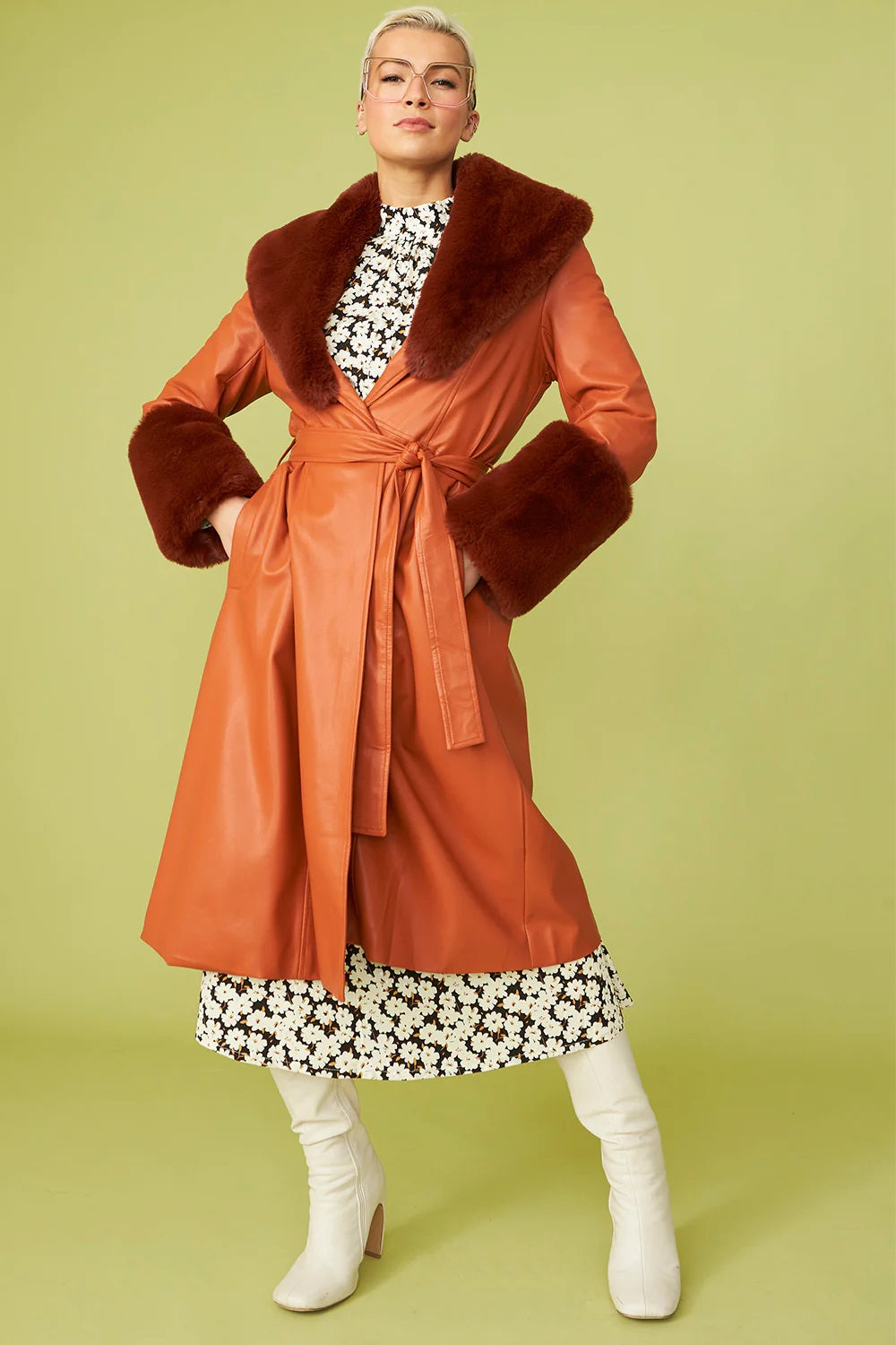 Evadne Beaumont — Chocolate Faux Leather Trench Coat with Faux Fur Collar and Cuffs