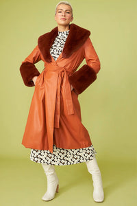 Evadne Beaumont — Chocolate Faux Leather Trench Coat with Faux Fur Collar and Cuffs
