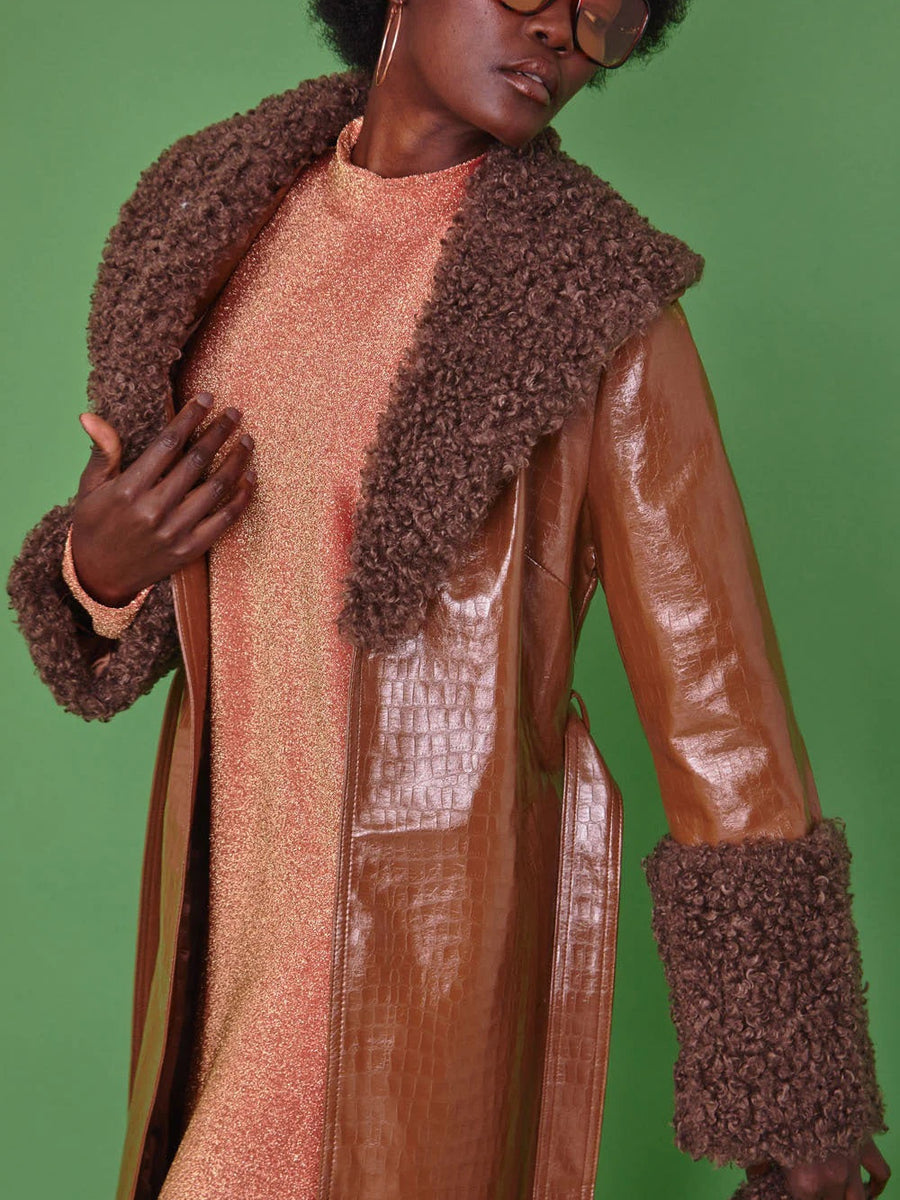 Chocolate Faux Leather Trench Coat with Faux Shearling Collar and Cuffs-1