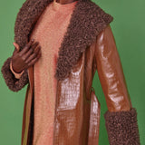 Chocolate Faux Leather Trench Coat with Faux Shearling Collar and Cuffs-1