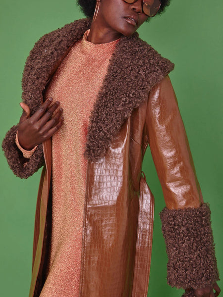 Chocolate Faux Leather Trench Coat with Faux Shearling Collar and Cuffs-1