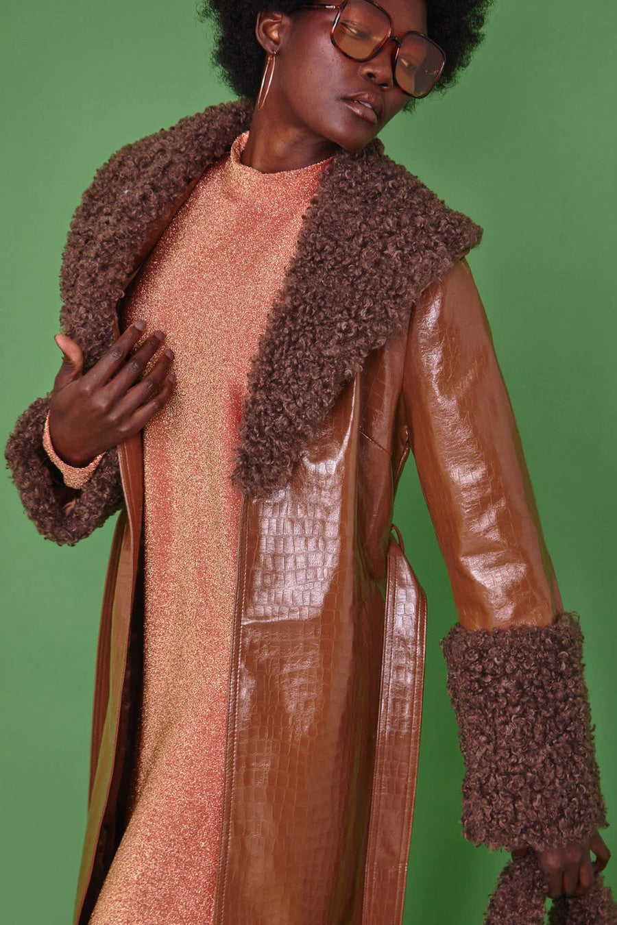 Odelia — Chocolate Faux Leather Trench Coat with Faux Shearling Collar and Cuffs, alternate view 2