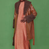 Chocolate Faux Leather Trench Coat with Faux Shearling Collar and Cuffs-2