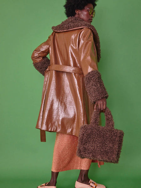 Chocolate Faux Leather Trench Coat with Faux Shearling Collar and Cuffs-3
