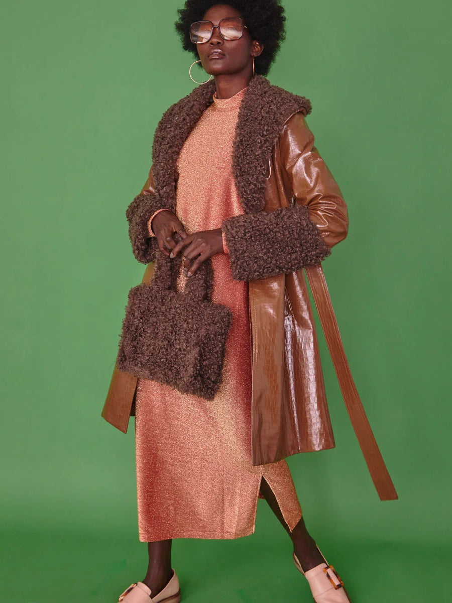 Chocolate Faux Leather Trench Coat with Faux Shearling Collar and Cuffs-0