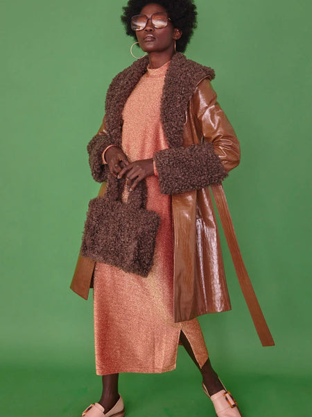Chocolate Faux Leather Trench Coat with Faux Shearling Collar and Cuffs-0