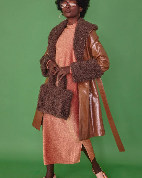 Chocolate Faux Leather Trench Coat with Faux Shearling Collar and Cuffs-0