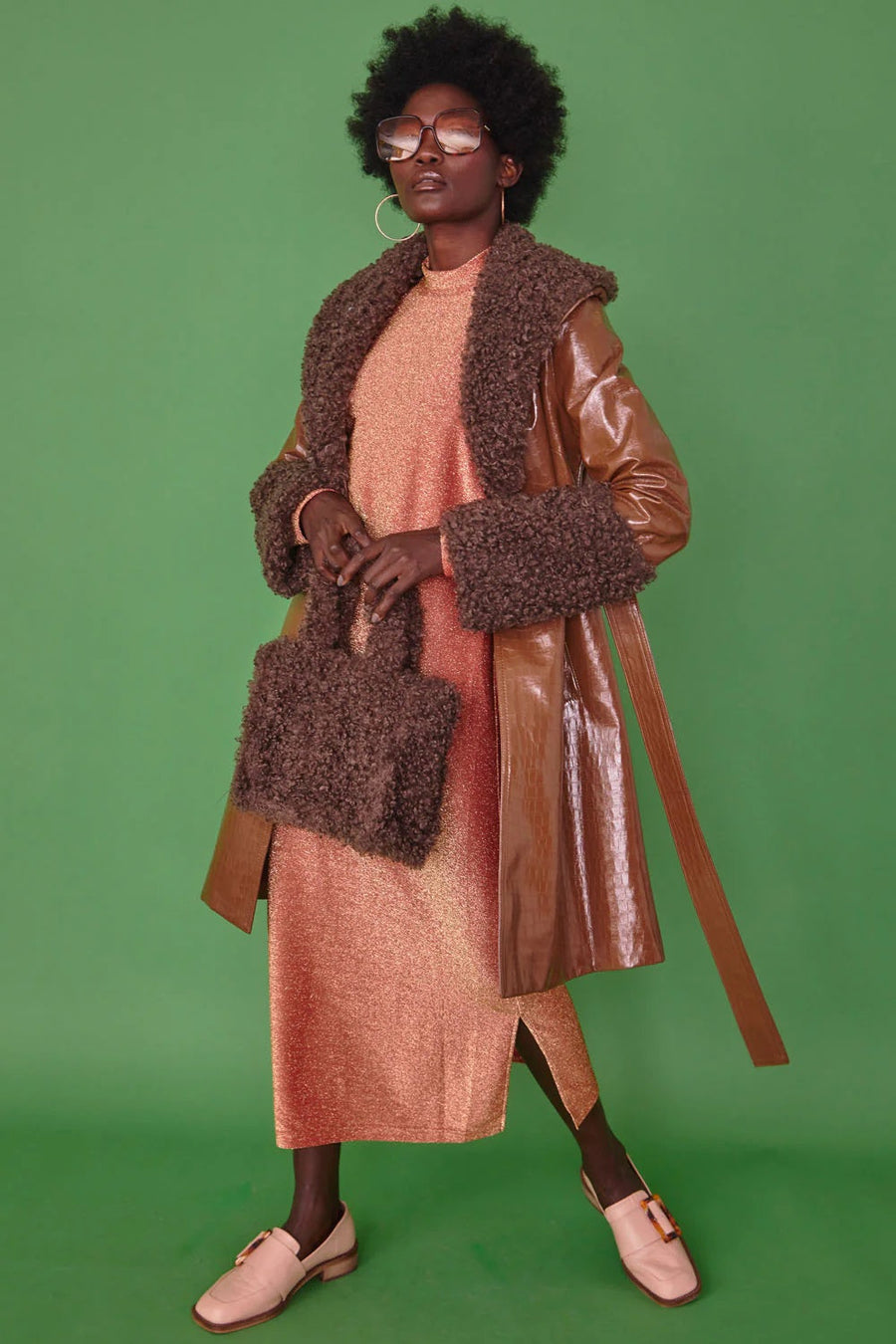 Odelia — Chocolate Faux Leather Trench Coat with Faux Shearling Collar and Cuffs