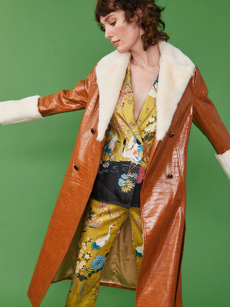 Choocolate Faux Leather Maxi Coat with Fur Cuffs and Collar
