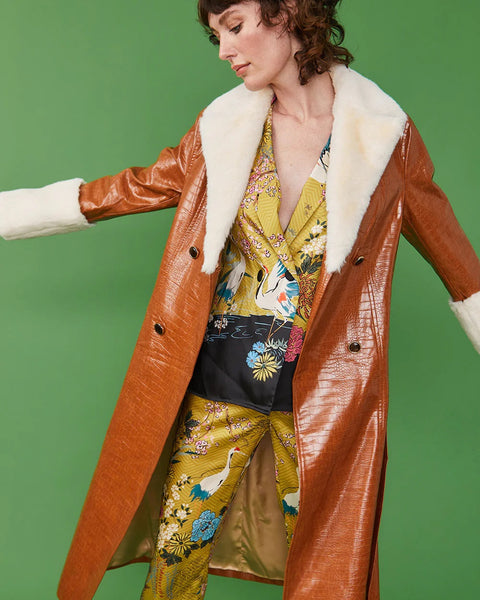 Choocolate Faux Leather Maxi Coat with Fur Cuffs and Collar