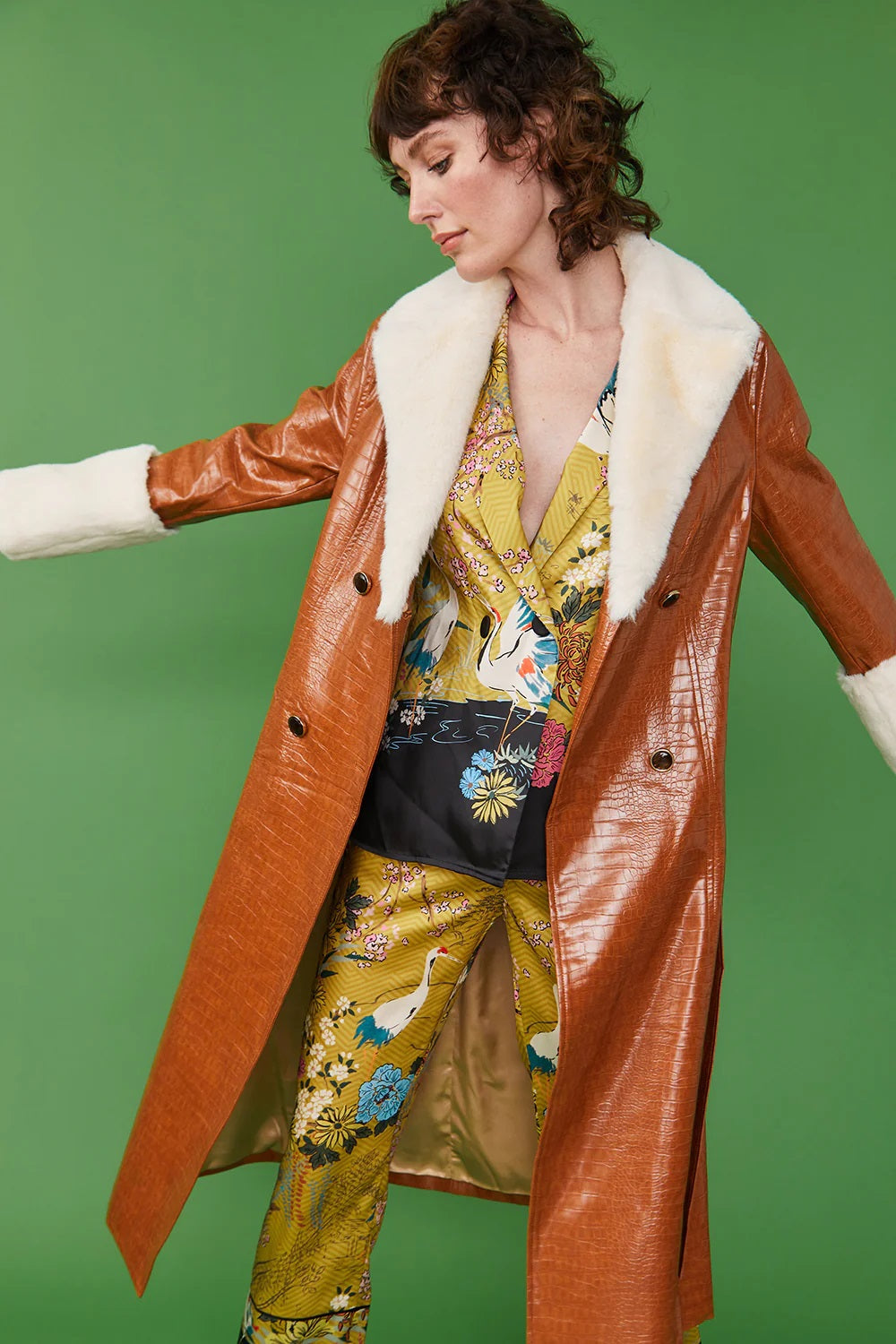 Leonora — Chocolate Faux Leather Maxi Coat with Fur Cuffs and Collar, alternate view 2