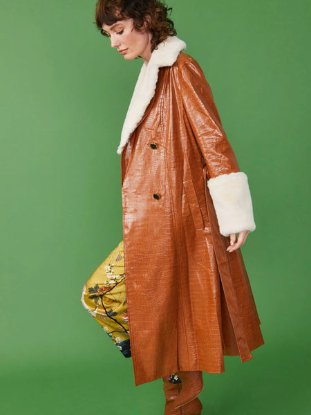 Choocolate Faux Leather Maxi Coat with Fur Cuffs and Collar
