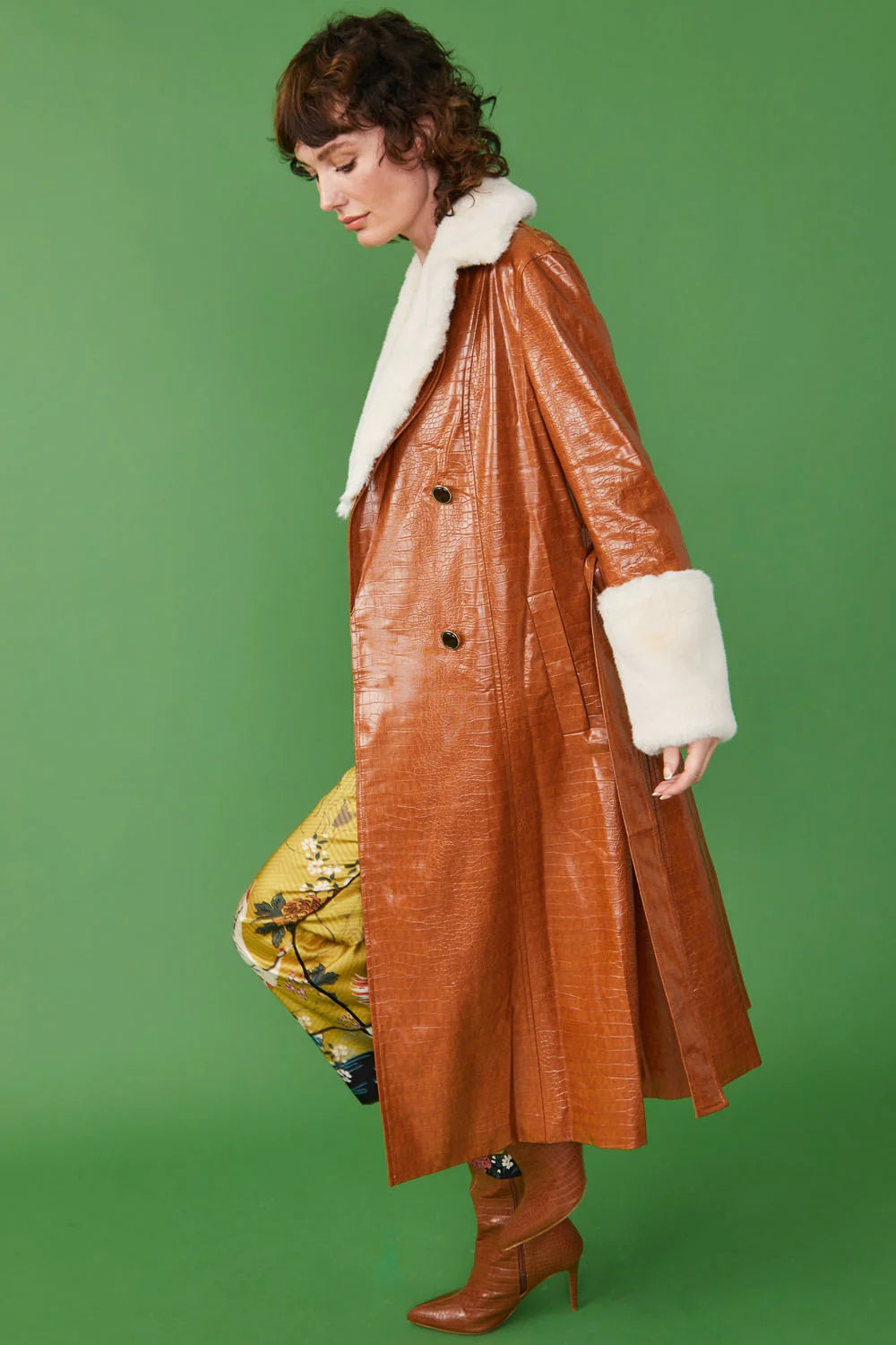 Leonora — Chocolate Faux Leather Maxi Coat with Fur Cuffs and Collar, alternate view 3