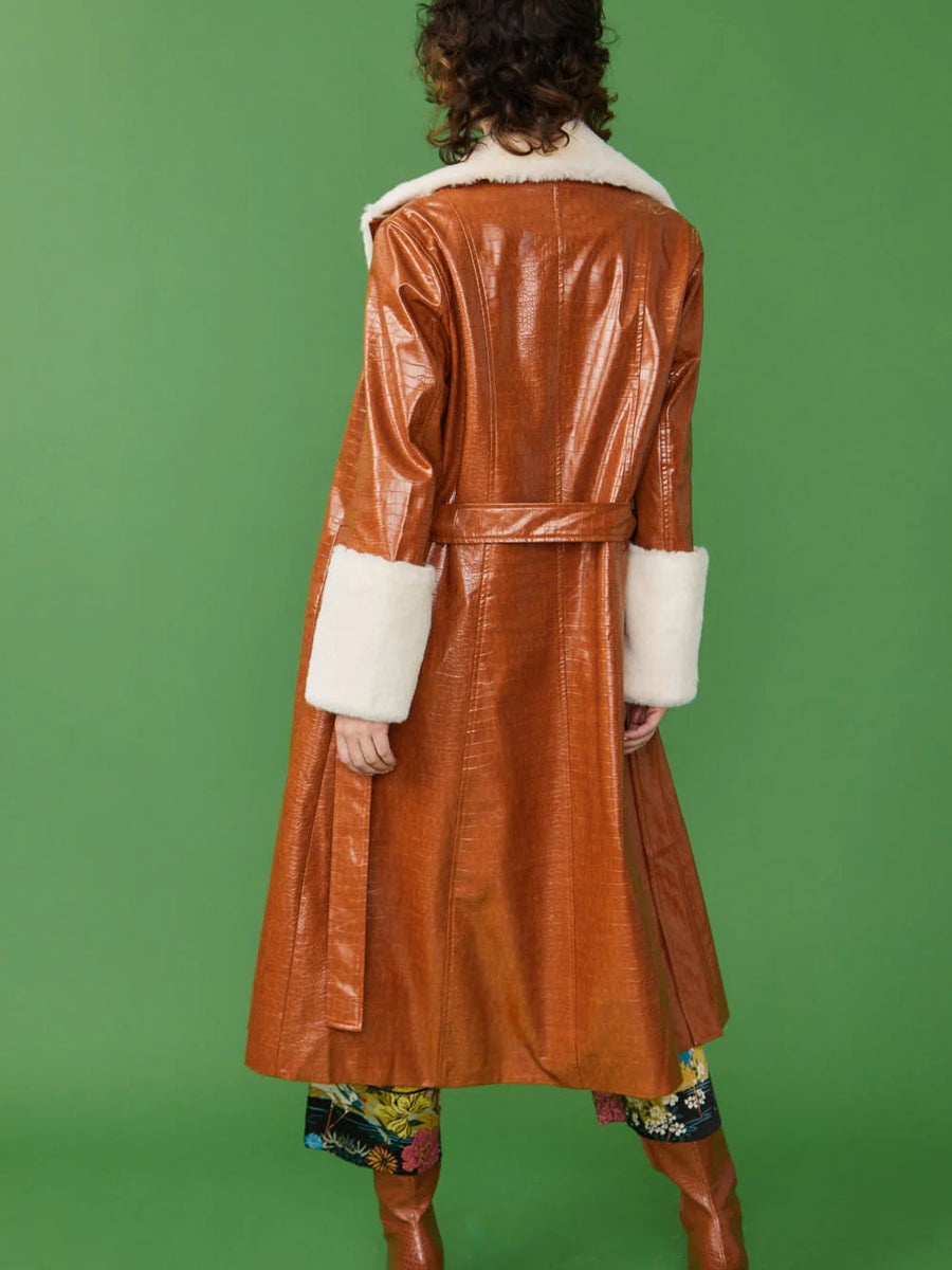 Choocolate Faux Leather Maxi Coat with Fur Cuffs and Collar