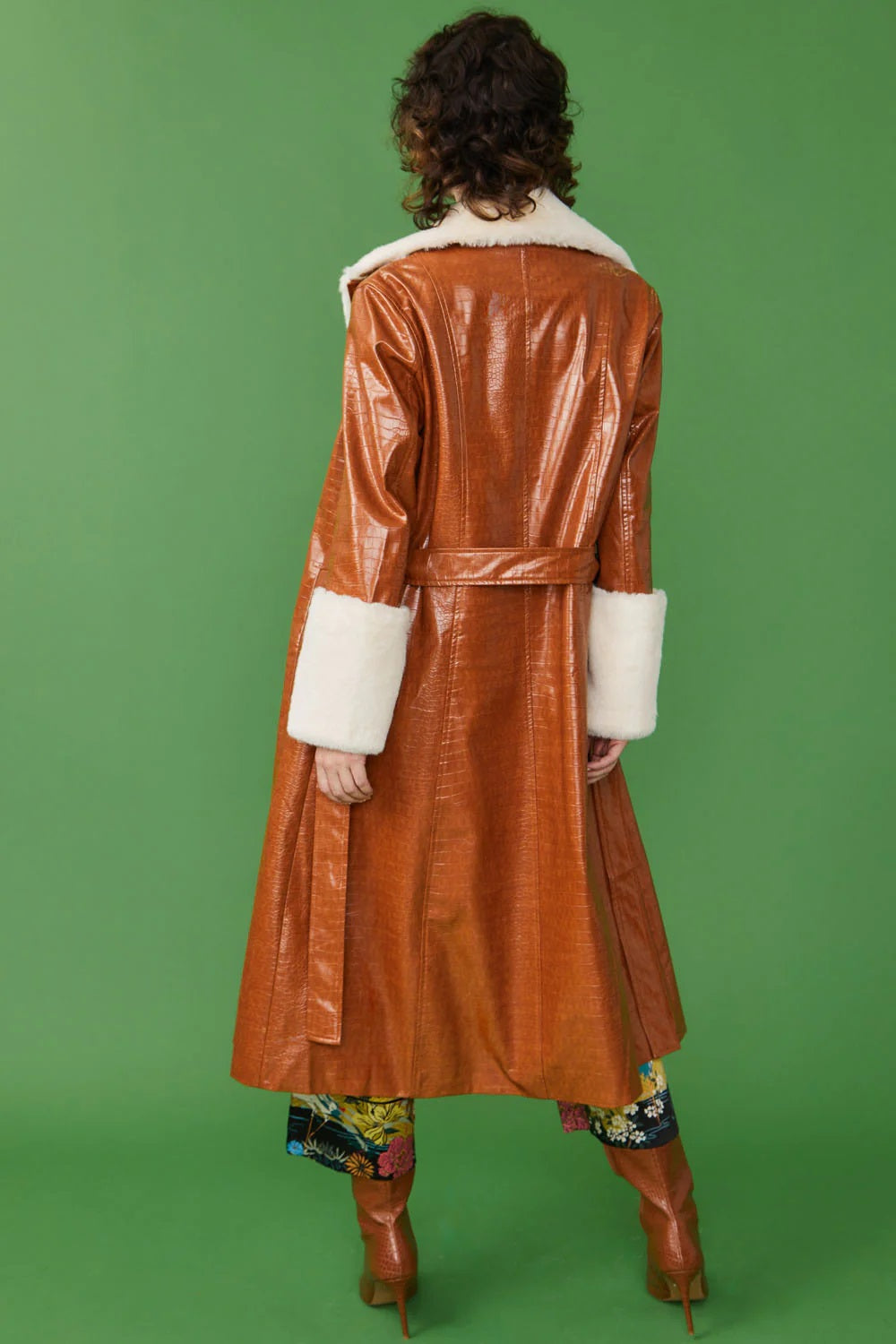 Leonora — Chocolate Faux Leather Maxi Coat with Fur Cuffs and Collar, alternate view 4