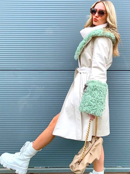 Cream Faux Leather Trench Coat with Faux Shearling Collar and Cuffs-1