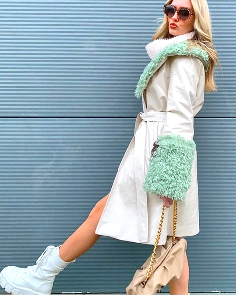 Cream Faux Leather Trench Coat with Faux Shearling Collar and Cuffs-1