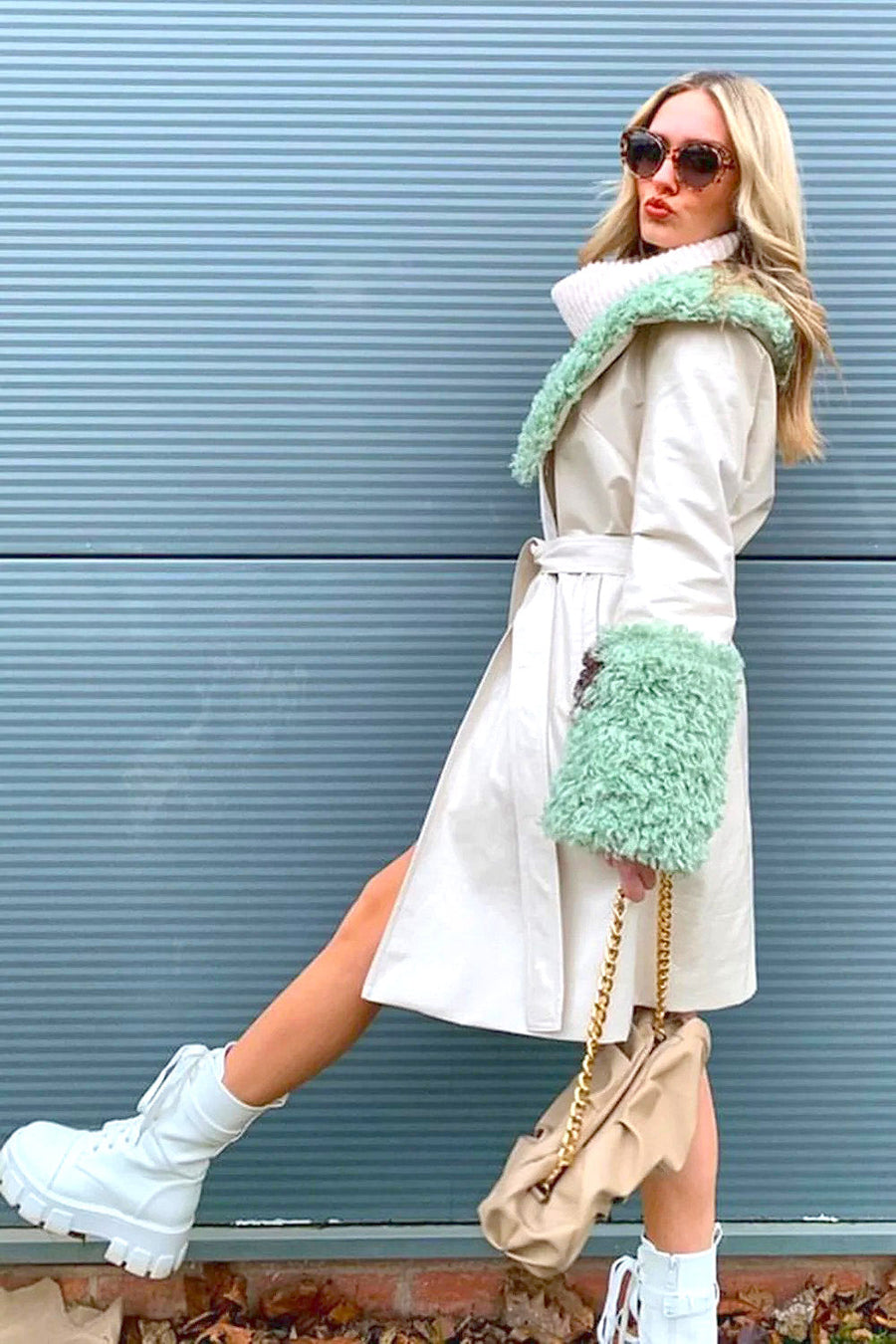 Gracienne Beaumont — Cream Faux Leather Trench Coat with Faux Shearling Collar and Cuffs, alternate view 2
