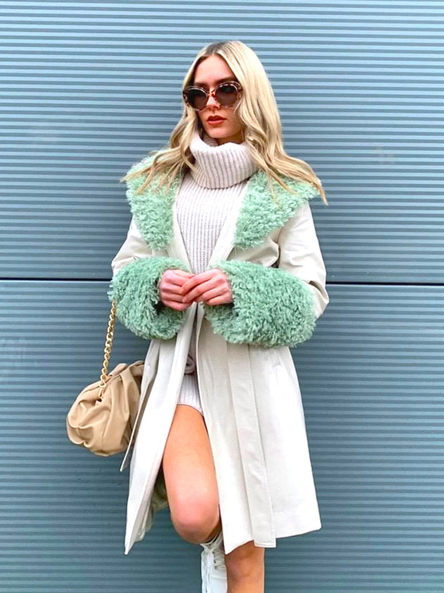 Cream Faux Leather Trench Coat with Faux Shearling Collar and Cuffs-0