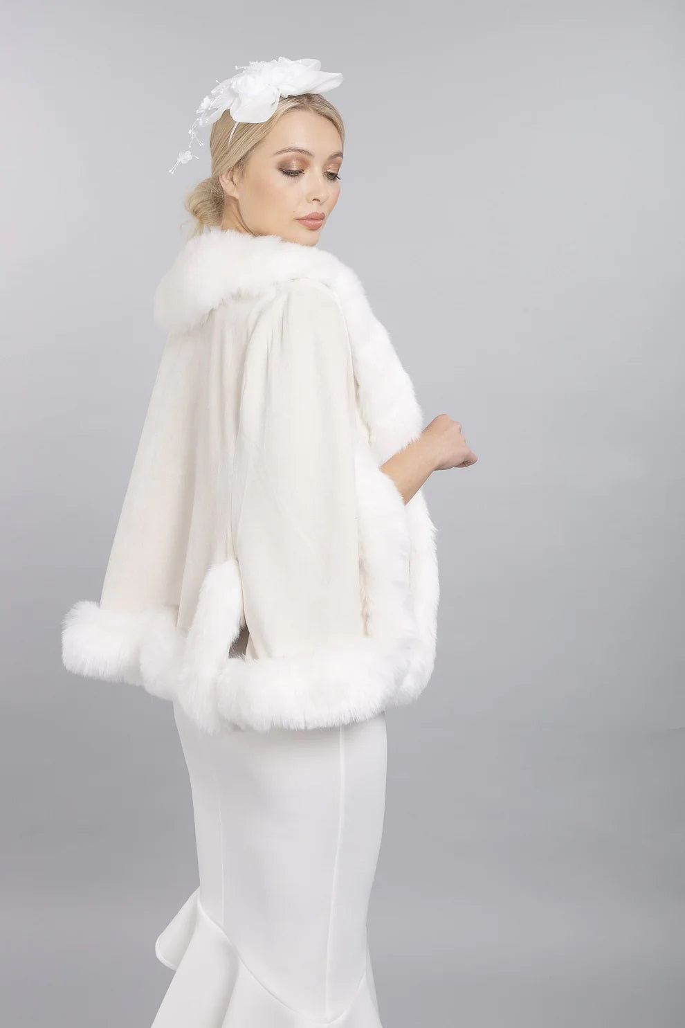 Sabina — Cream Faux Fur Suede Cape Jacket, alternate view 3