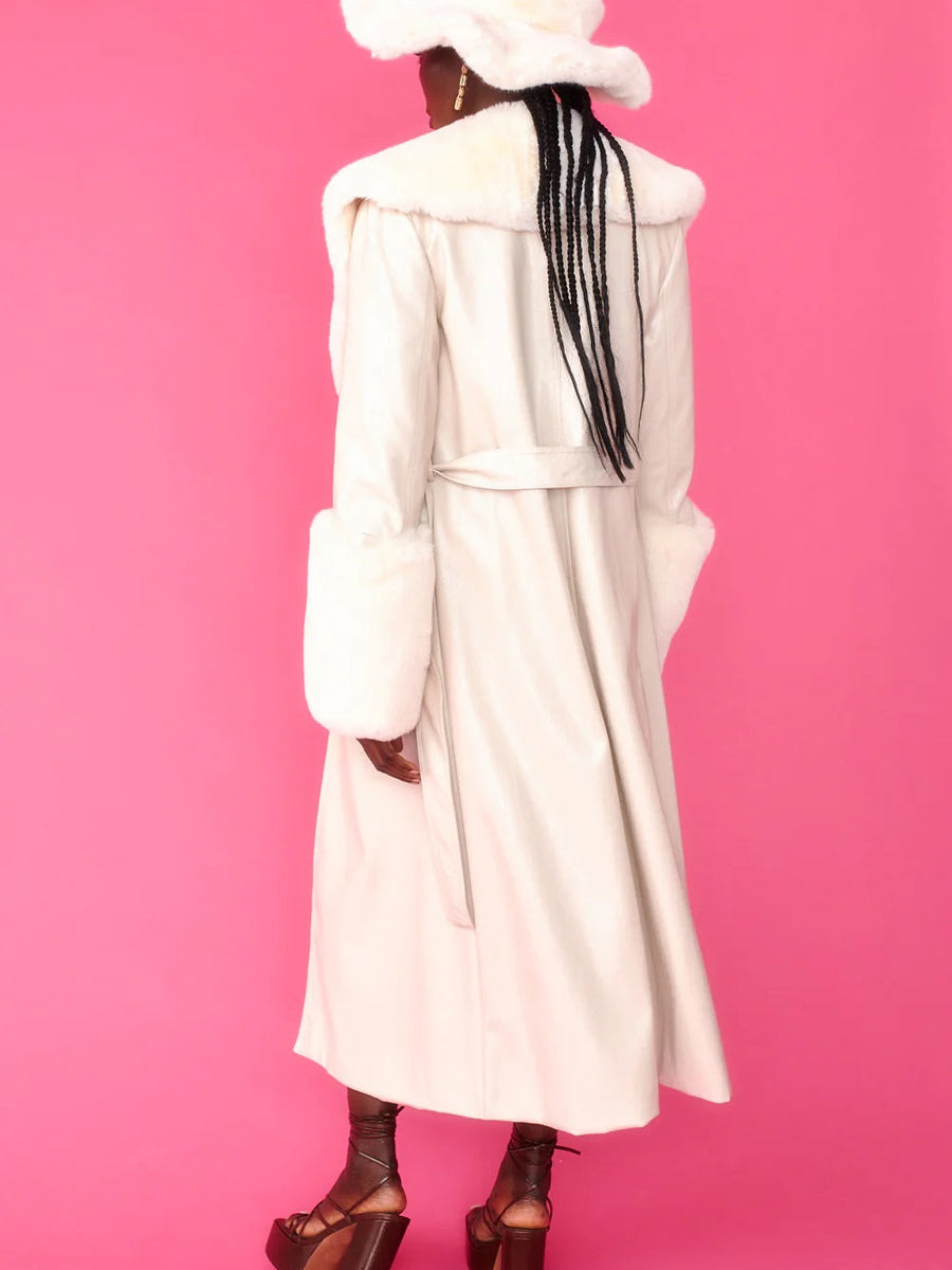 Cream Faux Leather Jacket with Detachable Faux Fur Cuffs and Collar-1
