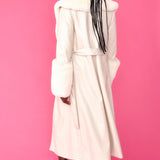 Cream Faux Leather Jacket with Detachable Faux Fur Cuffs and Collar-1