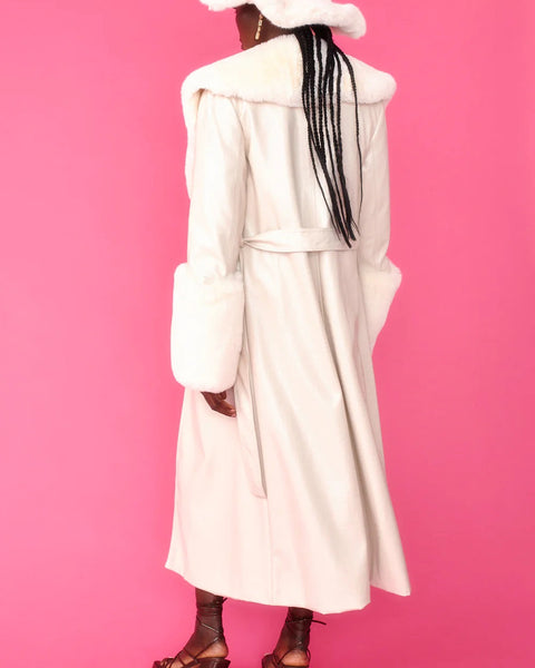 Cream Faux Leather Jacket with Detachable Faux Fur Cuffs and Collar-1