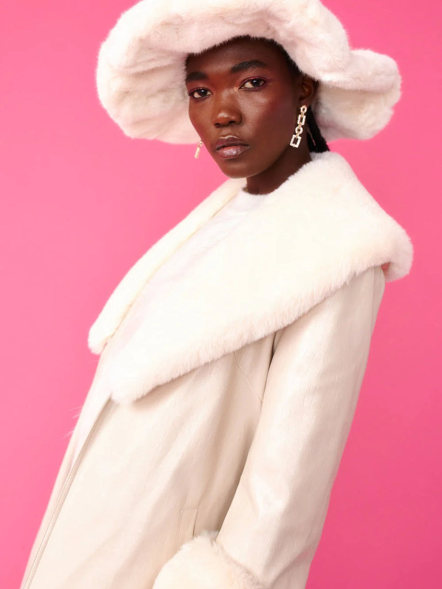 Cream Faux Leather Jacket with Detachable Faux Fur Cuffs and Collar-2