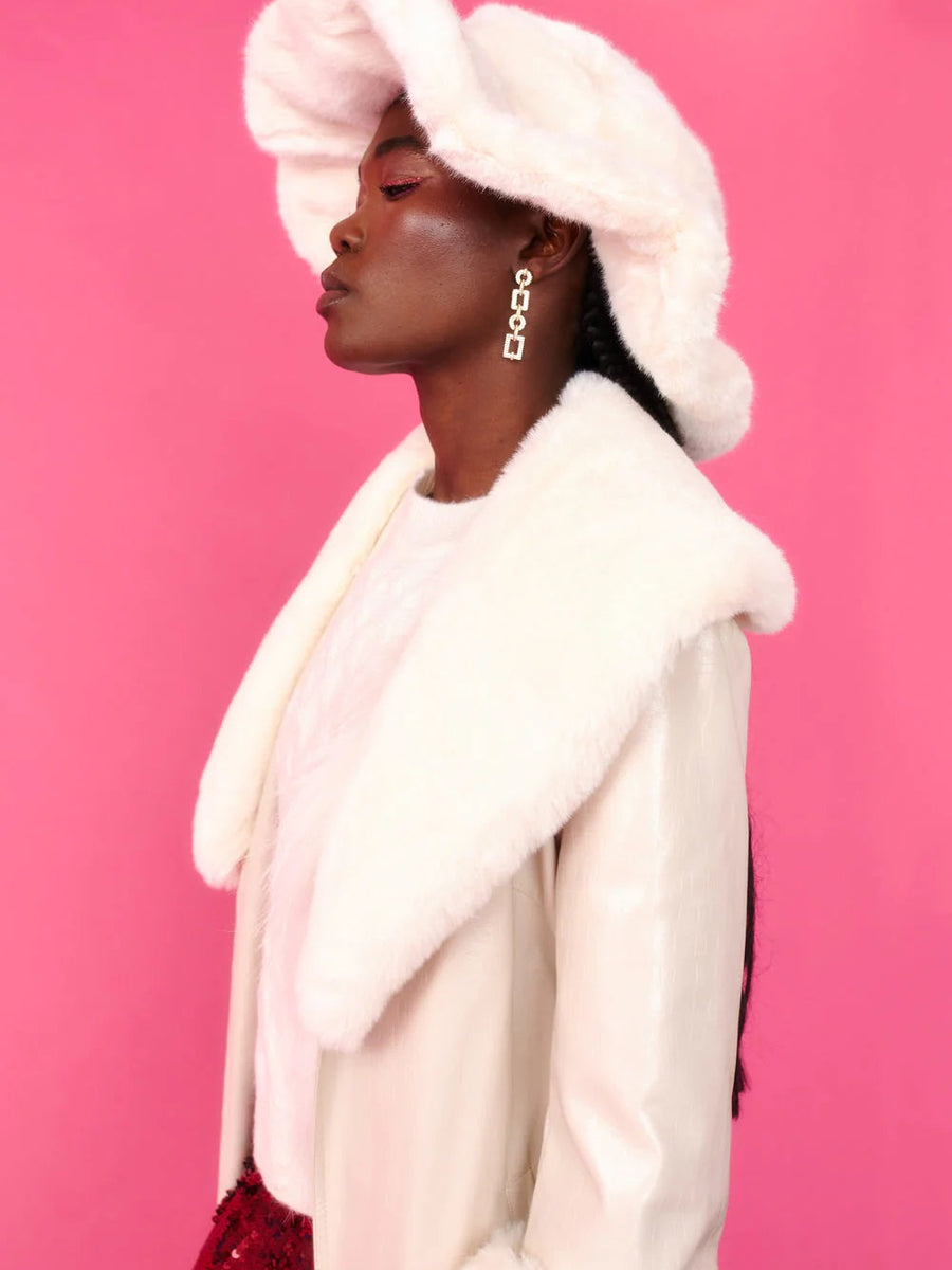 Cream Faux Leather Jacket with Detachable Faux Fur Cuffs and Collar-3