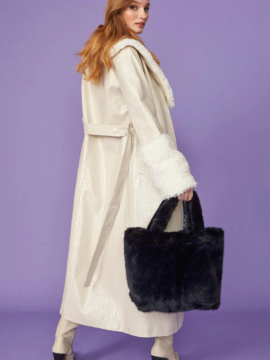 Cream Faux Leather Trench Coat with Detachable Faux Mongolian Collar and Cuffs-1