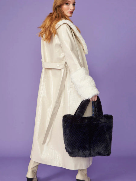 Cream Faux Leather Trench Coat with Detachable Faux Mongolian Collar and Cuffs-1