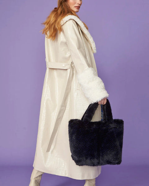 Cream Faux Leather Trench Coat with Detachable Faux Mongolian Collar and Cuffs-1