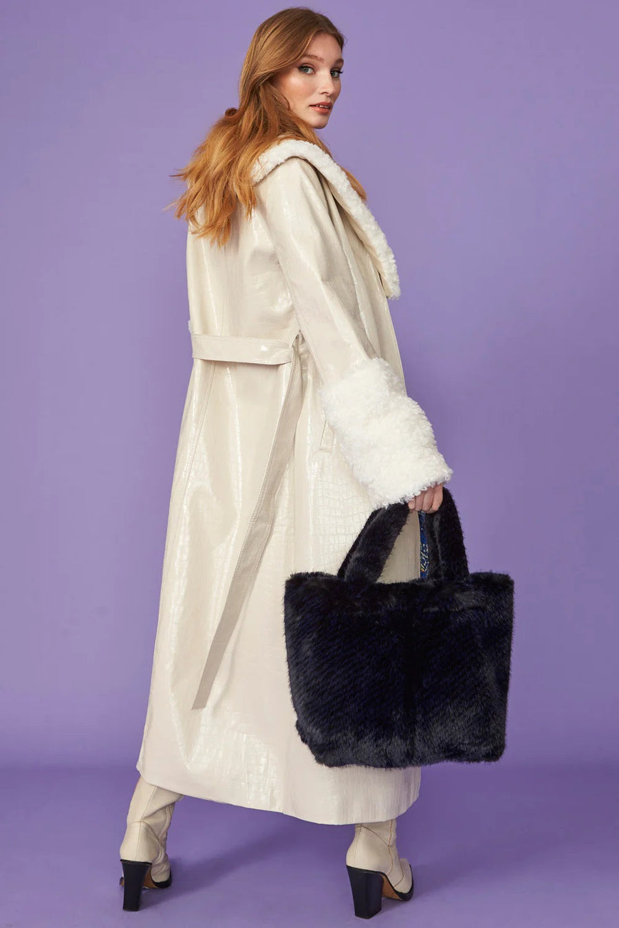 Elspeth Beaumont — Cream Faux Leather Trench Coat with Detachable Faux Mongolian Collar and Cuffs, alternate view 2