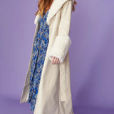 Cream Faux Leather Trench Coat with Detachable Faux Mongolian Collar and Cuffs-2