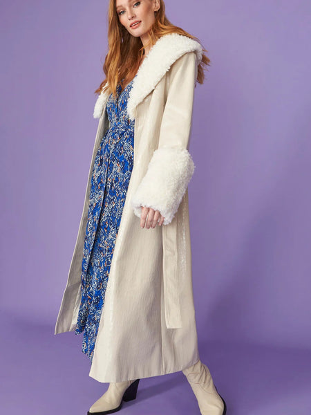 Cream Faux Leather Trench Coat with Detachable Faux Mongolian Collar and Cuffs-2