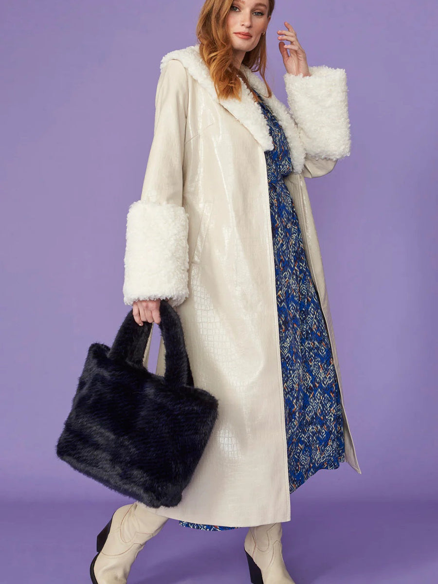 Cream Faux Leather Trench Coat with Detachable Faux Mongolian Collar and Cuffs-0