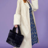Cream Faux Leather Trench Coat with Detachable Faux Mongolian Collar and Cuffs-0