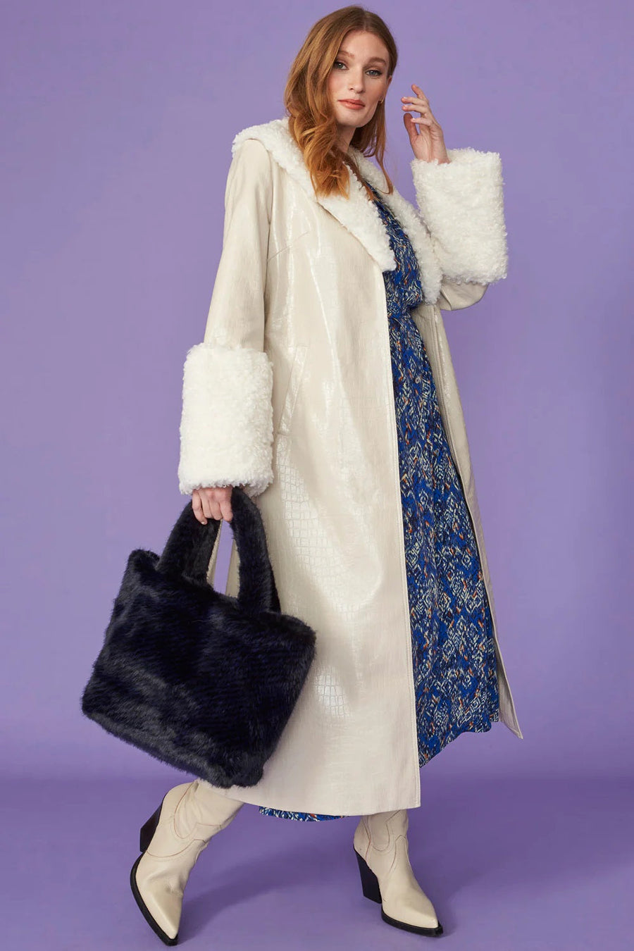 Elspeth Beaumont — Cream Faux Leather Trench Coat with Detachable Faux Mongolian Collar and Cuffs