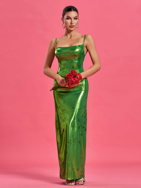 Maxi Elyzée Metallica Dress with Open Back and Butterfly Pattern