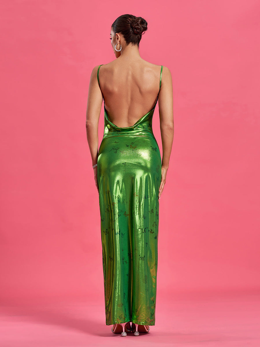 Maxi Elyzée Metallica Dress with Open Back and Butterfly Pattern