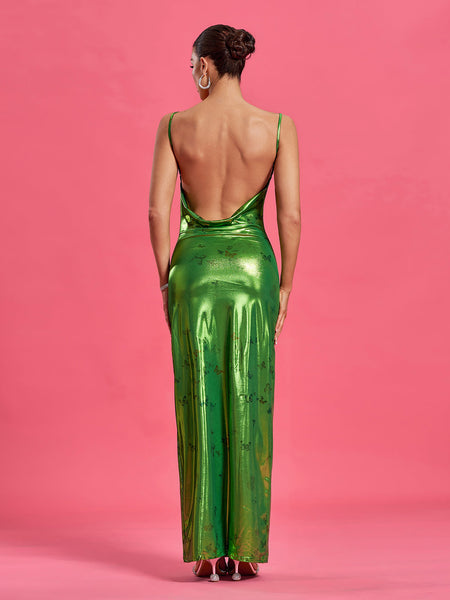 Maxi Elyzée Metallica Dress with Open Back and Butterfly Pattern